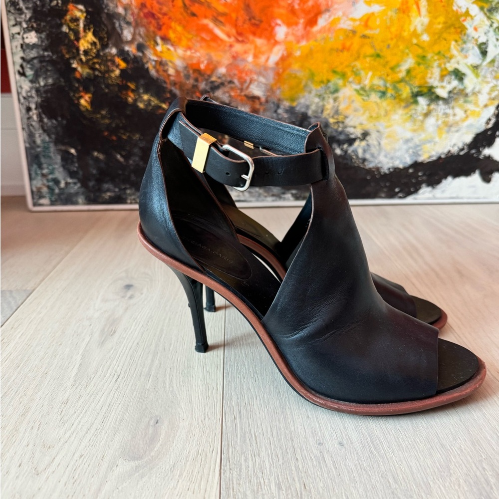 Balenciaga Black Leather Open-Toe Ankle Strap Heels with Brown Trim